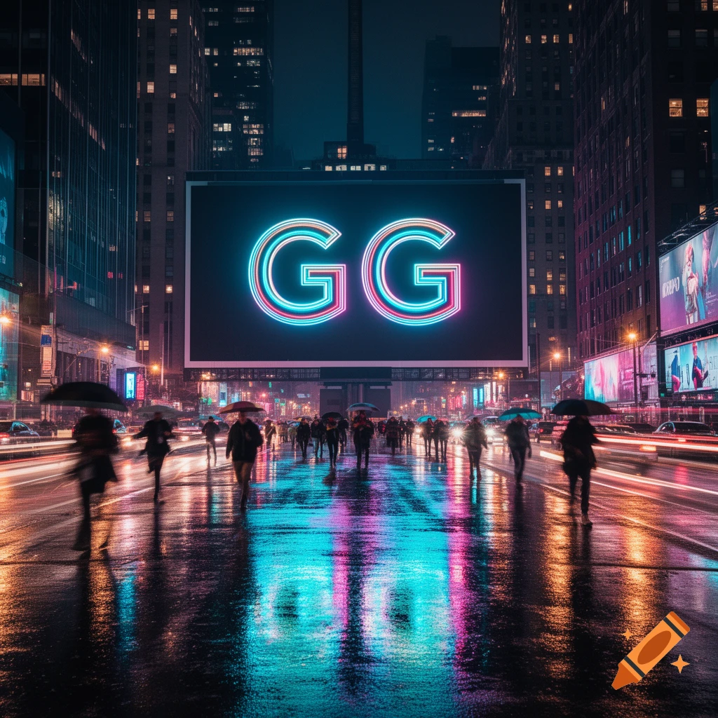 A vibrant night cityscape with a massive neon "GG" sign illuminated on a billboard, reflecting on a wet street where blurred figures walk under umbrellas.