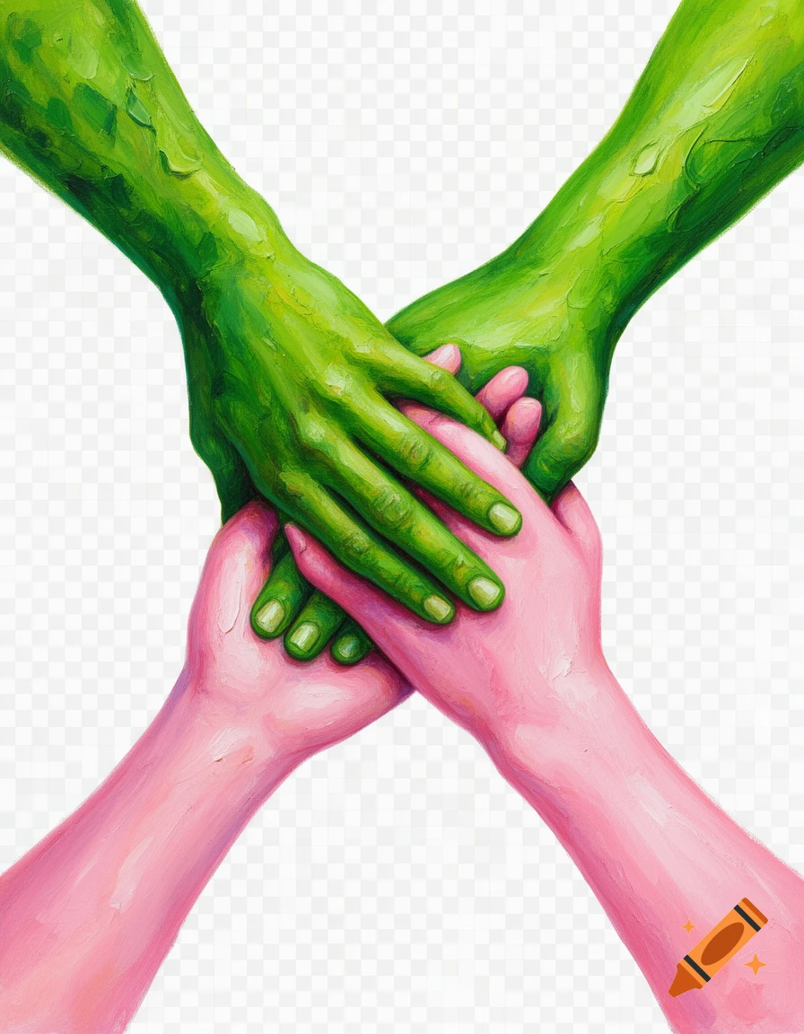 Four stylized hands, two green and two pink, intertwined in a vibrant painted style against a transparent background.