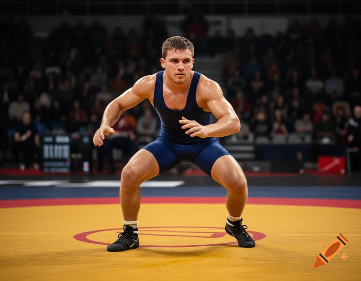 A muscular male wrestler in a blue singlet crouches on a yellow mat with a red circle, in a dimly lit arena.