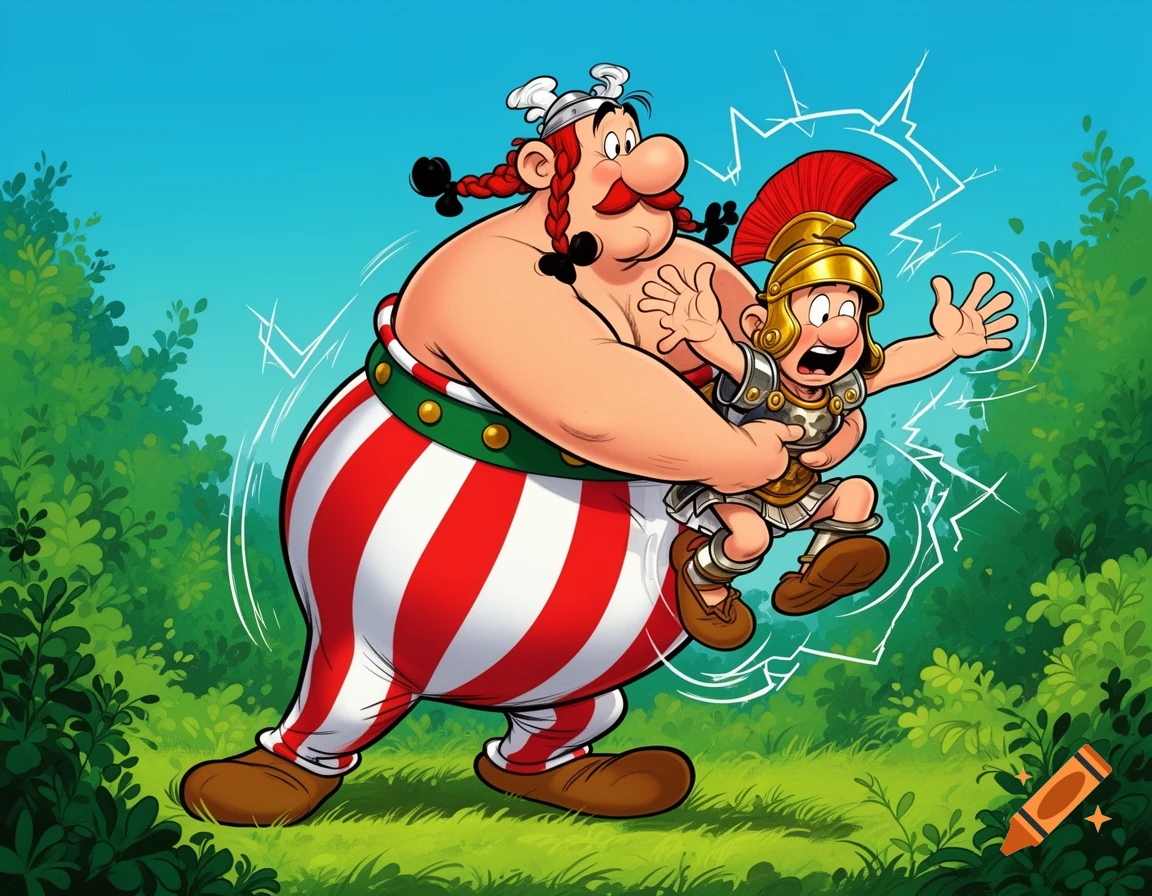 A large, red-haired cartoon Gaul, Obelix, holds a small, frightened Roman soldier by the torso in a lush green forest clearing.