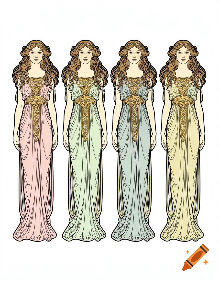 Four women in pastel neo-classical dresses with gold details, in Alphonse Mucha Art Nouveau style, on a white background.