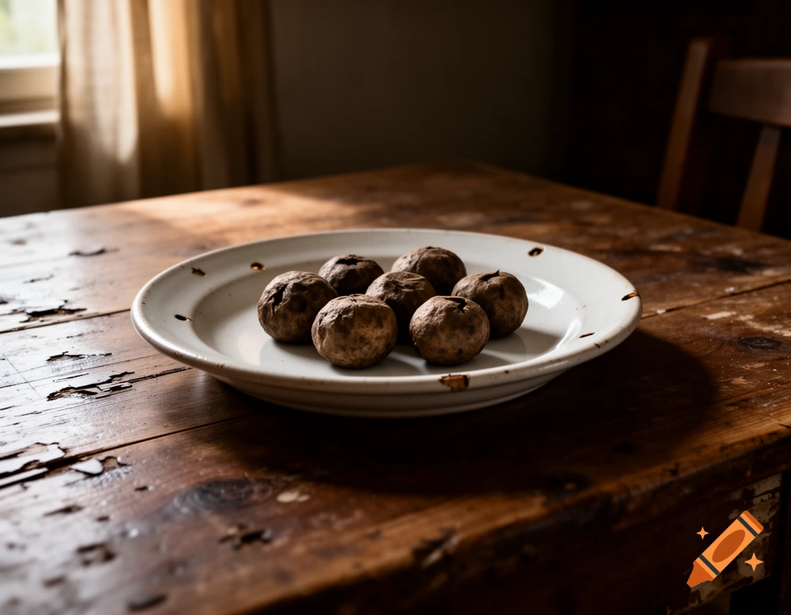 Six dark brown, round objects on a white plate set on a worn wooden table, with a sunlit window in the background.
