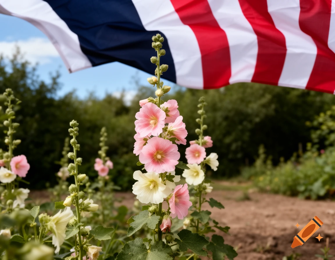 Pink and white hollyhock flowers blooming in a field under a waving American flag.