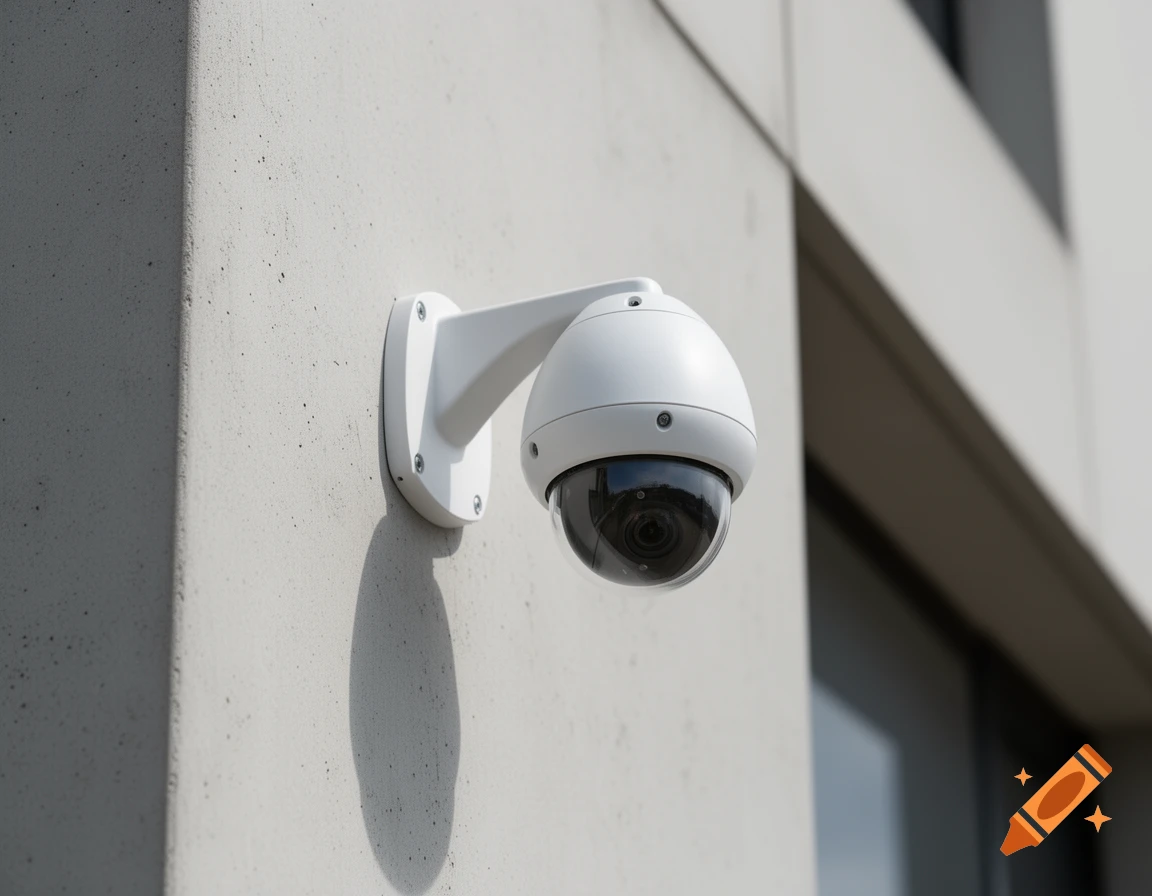 A white dome security camera mounted on a textured concrete building wall.