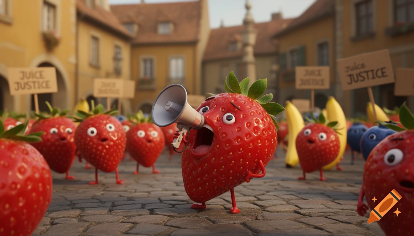 Anthropomorphic strawberries protest on a cobblestone street, with one holding a megaphone and signs reading 'JUICE JUSTICE'.