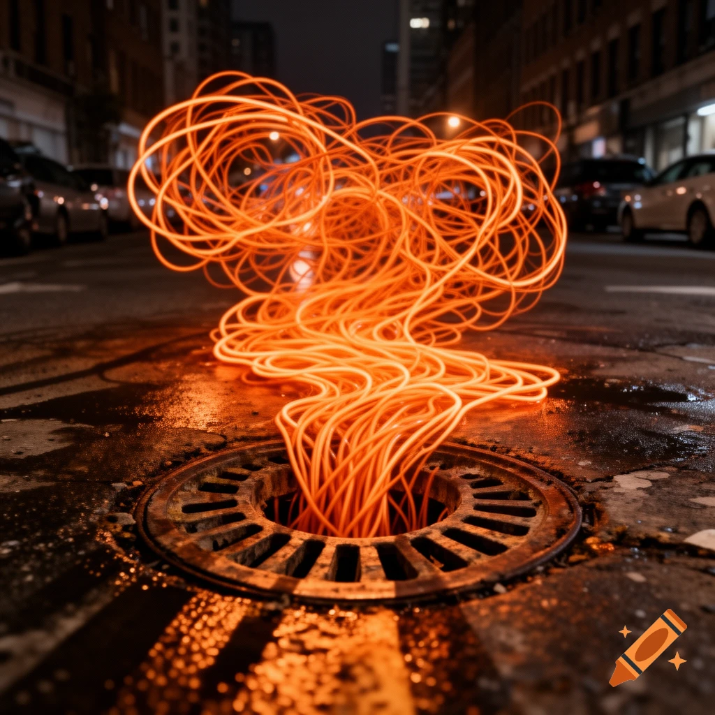 Messy orange glowing light trails erupting from a street drain on a dark, wet city street at night, photorealistic.