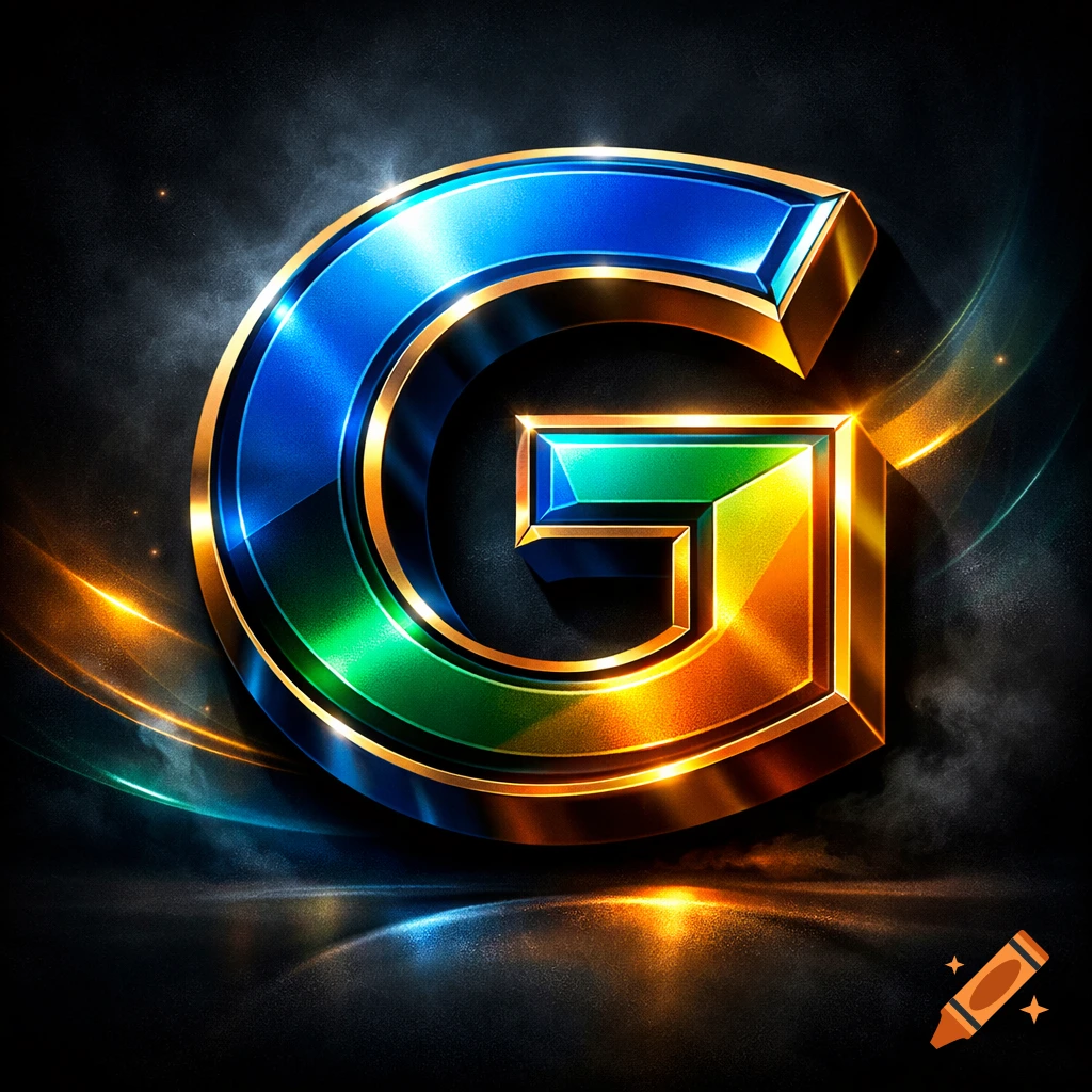 A stylized 3D metallic letter G, glossy with blue, green, and orange gradients, glowing against a dark, smoky background.