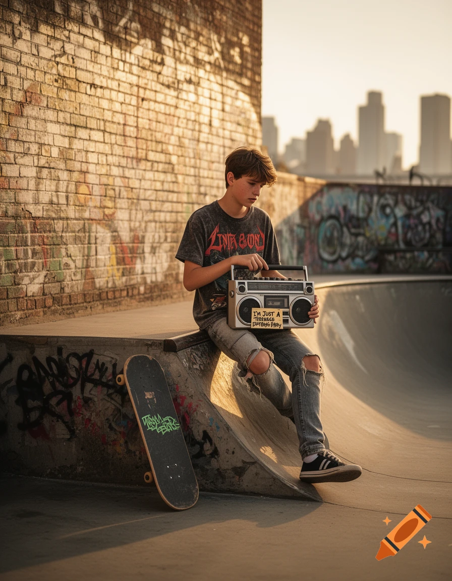 A teenage boy with a boombox and skateboard sits on a concrete ramp in an urban skatepark at sunset.