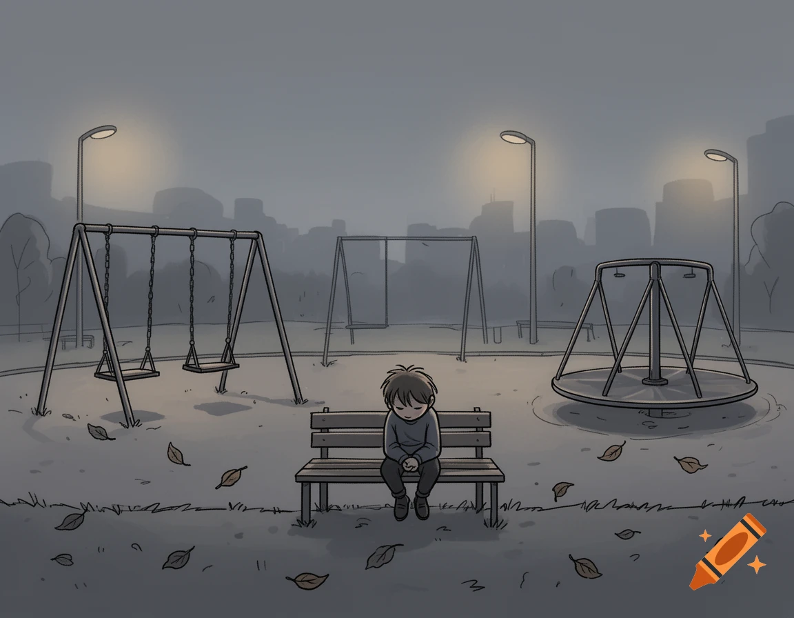 A lonely cartoon child sits on a bench in a dimly lit, foggy playground at dusk, with swings and a merry-go-round.