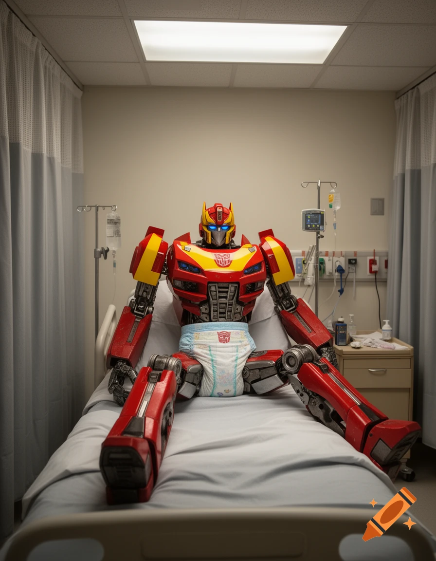 A Transformers robot, Hot Rod, wearing a thick adult diaper in a hospital bed with an IV drip.
