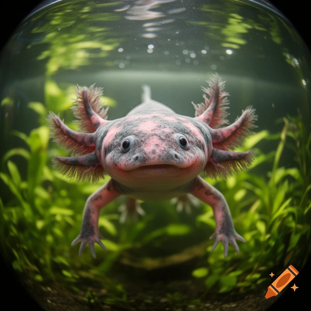 A close-up of a smiling pink and black speckled axolotl with feathery gills, looking directly at the viewer in a fishbowl with green plants.