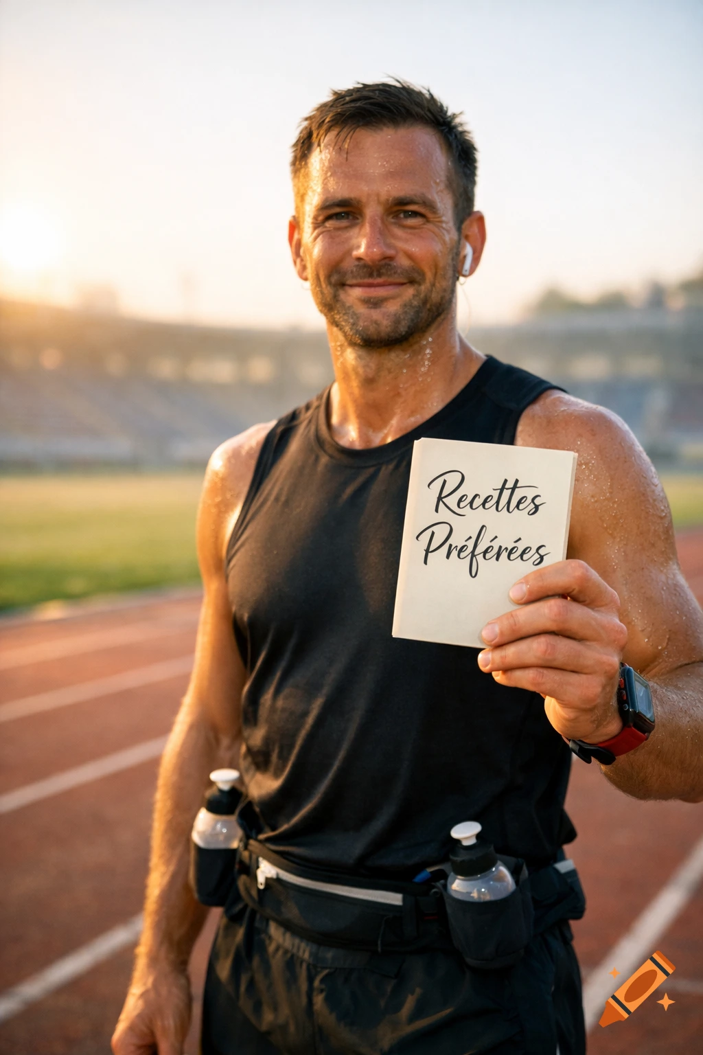 A sweaty male runner holds a book titled 'Recettes Préférées' (Favorite Recipes) on a track at sunset, looking at the viewer.