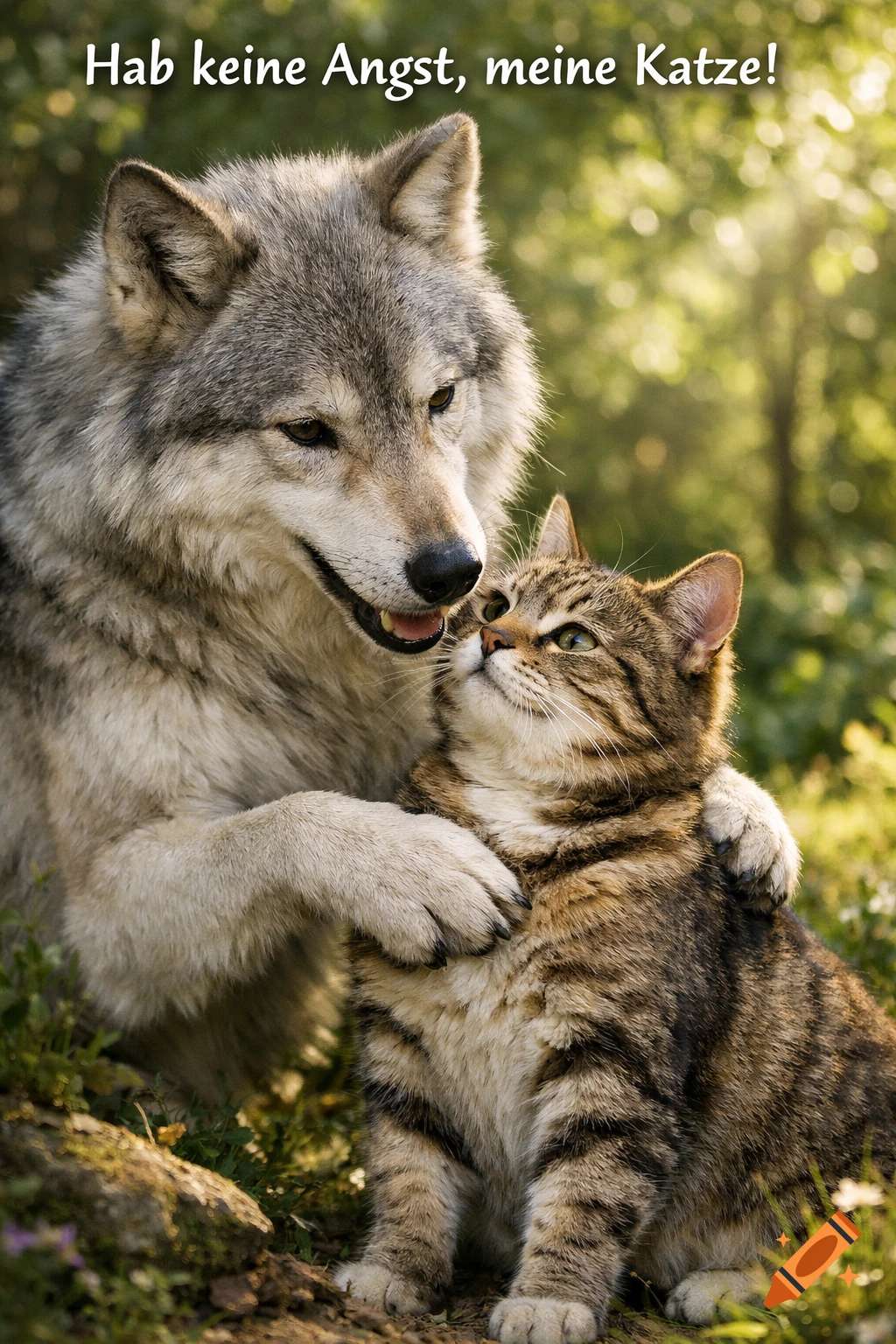 Photorealistic wolf gently resting a paw on a tabby cat's shoulder in a sunny forest, with German text.