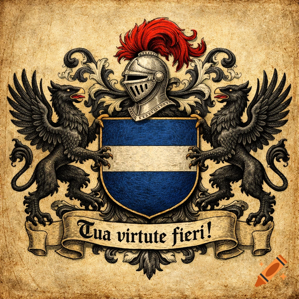 A vintage heraldic illustration of a coat of arms with a blue and white shield, flanked by two black griffins, topped with a silver helmet and red plume, on an aged parchment background. A scroll reads 'Tua virtute fieri!'.