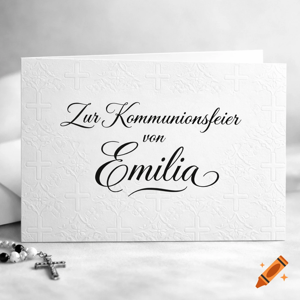 A white embossed communion greeting card with "Zur Kommunionsfeier von Emilia" in black script, a rosary lies in the foreground.