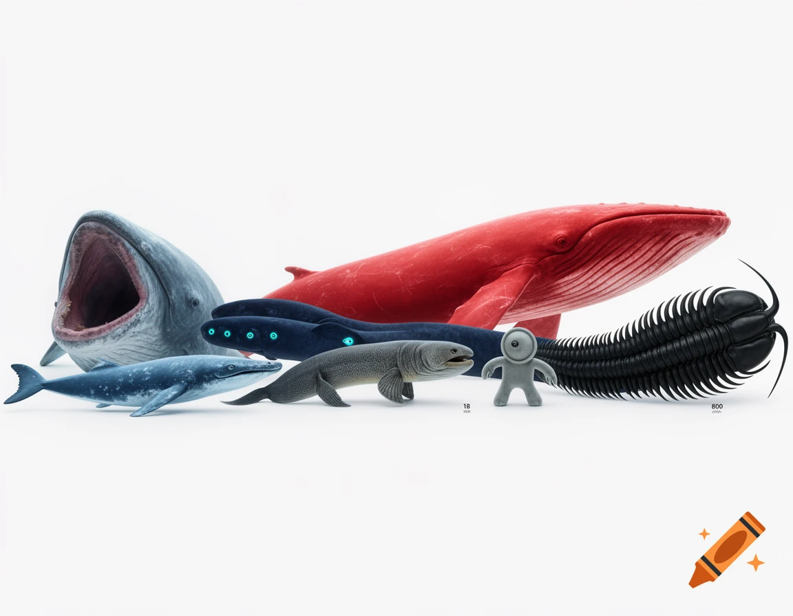A lineup of fantastical sea creatures and a humanoid figure on a white background, demonstrating scale. Includes whales, an eel with neon eyes, a grey human-like figure, and a trilobite.