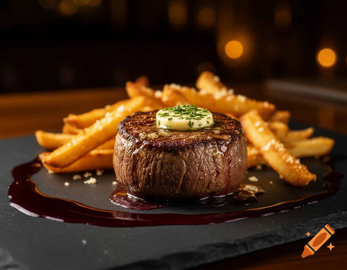 Photorealistic golden-seared filet mignon with herb butter, truffle parmesan fries, and red wine reduction on a dark slate plate in an upscale restaurant.