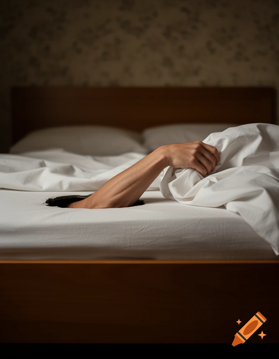 A human arm emerges from a dark hole in a white mattress, gripping rumpled white bed sheets, in a dimly lit bedroom.