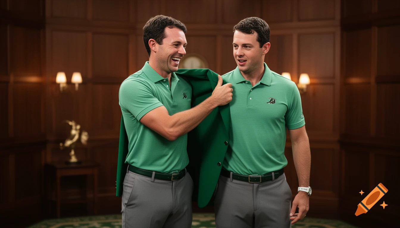 Two identical men in green polo shirts, one laughing as he puts a green golf jacket on the other, in a wood-paneled room.