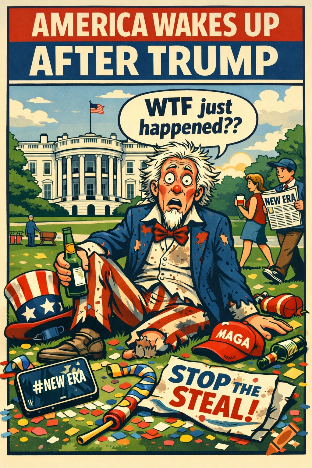 A satirical cartoon of a disheveled Uncle Sam on the White House lawn, exclaiming "WTF just happened??" amidst political debris.