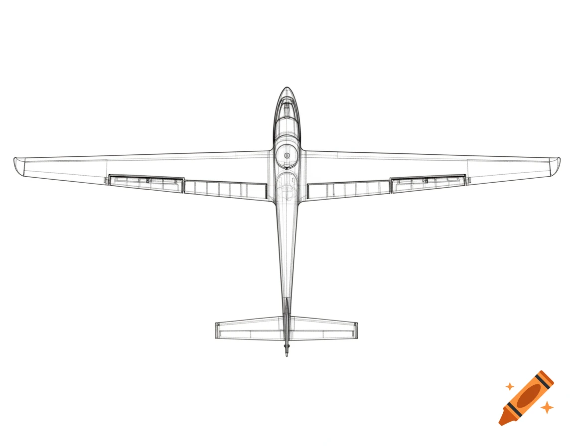 Top-down wireframe schematic of a glider, showing the wing, flaps, and ailerons, on a white background.