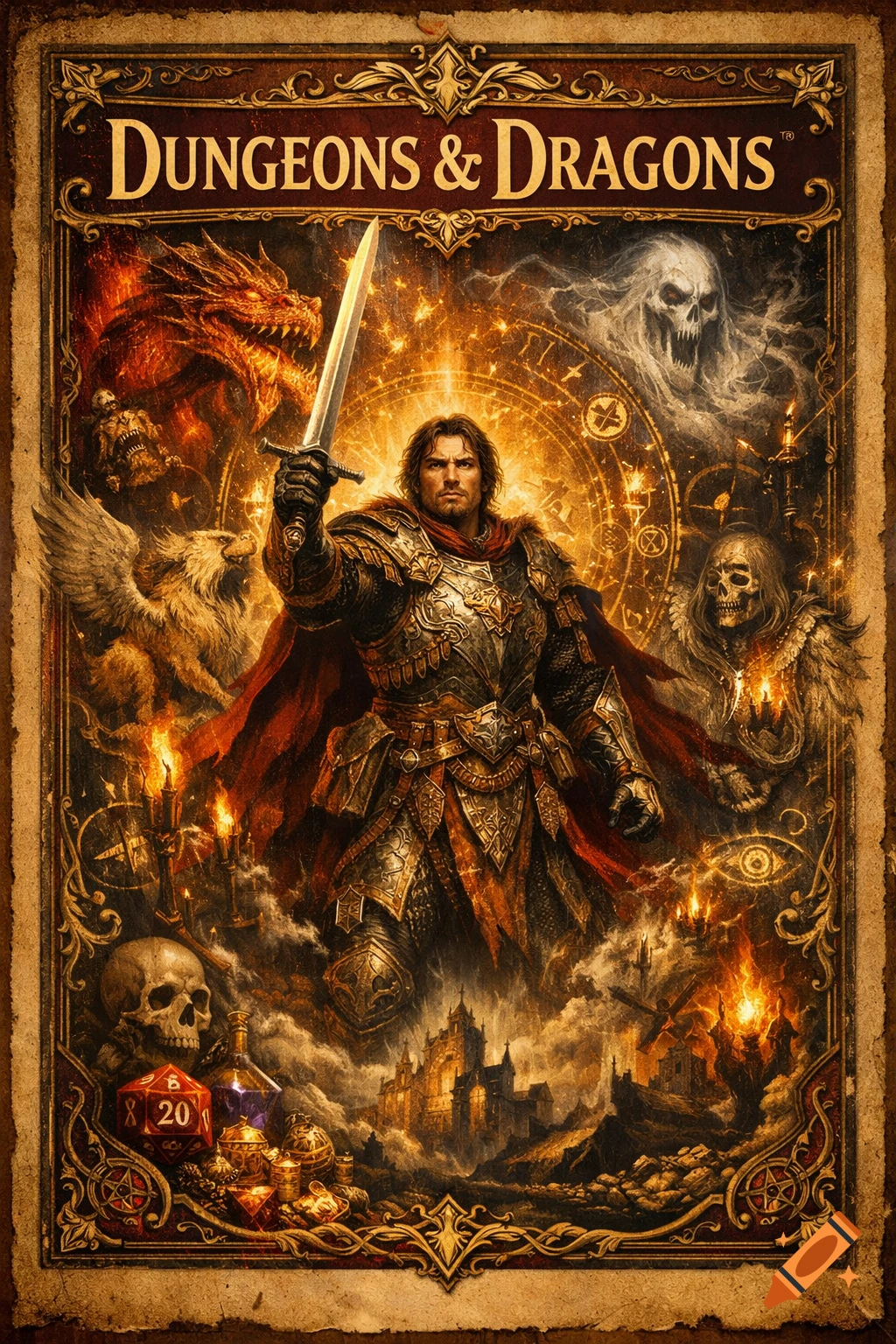 An epic Dungeons & Dragons fantasy book cover illustration featuring a knight, dragon, skulls, and a glowing castle.