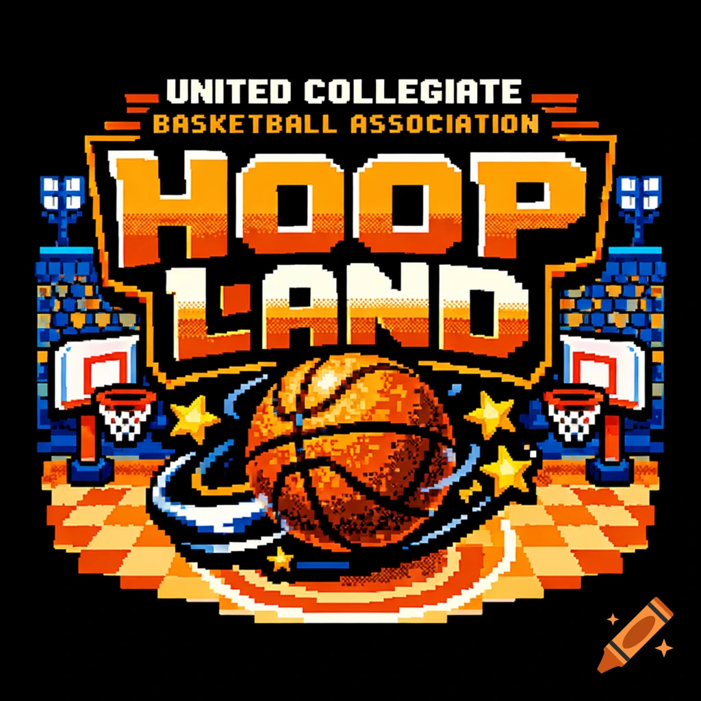 A pixelated retro logo for the 'United Collegiate Basketball Association Hoop Land' game, featuring a basketball, stars, and hoops on a court.