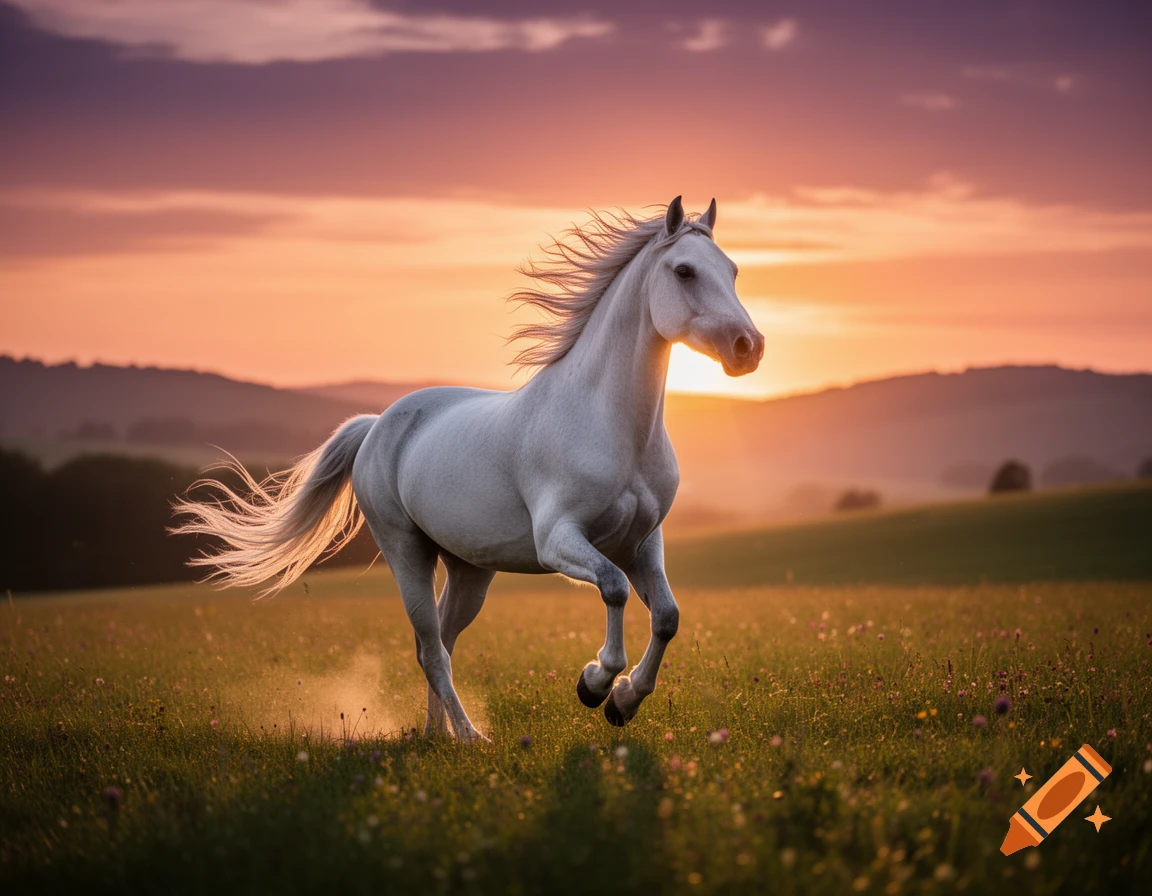 A white horse with a flowing mane gallops through a field of wildflowers at sunset, with rolling hills in the background.