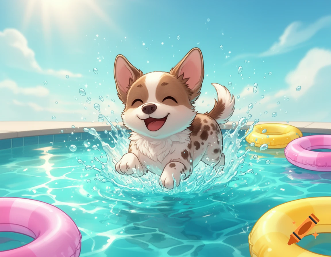A happy cartoon dog splashing in a bright blue swimming pool with yellow and pink floaties.