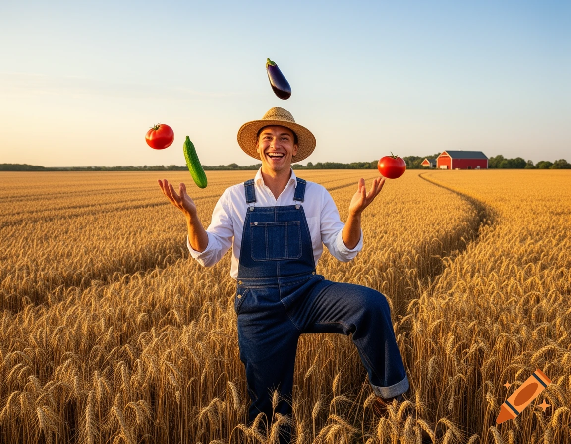 Smiling farmer in straw hat and overalls juggling vegetables in a golden wheat field at sunset, photorealistic.