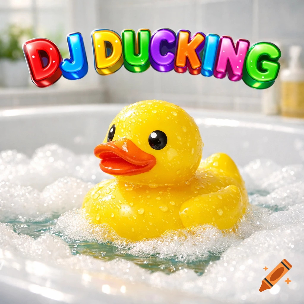 A photorealistic yellow rubber duck with water droplets floats in a bubbly bathtub, with colorful text "DJ DUCKING" above it.