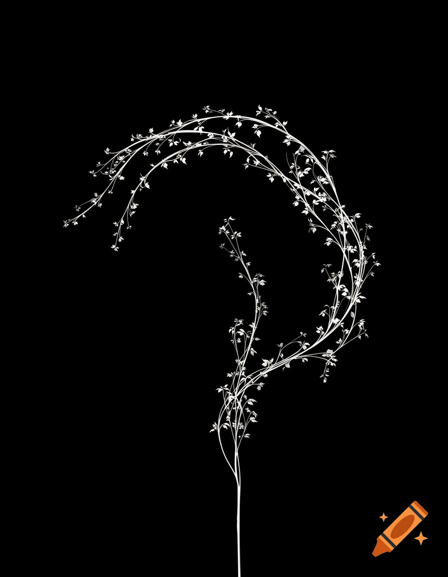 Delicate white botanical tendrils with leaves curve against a black background.