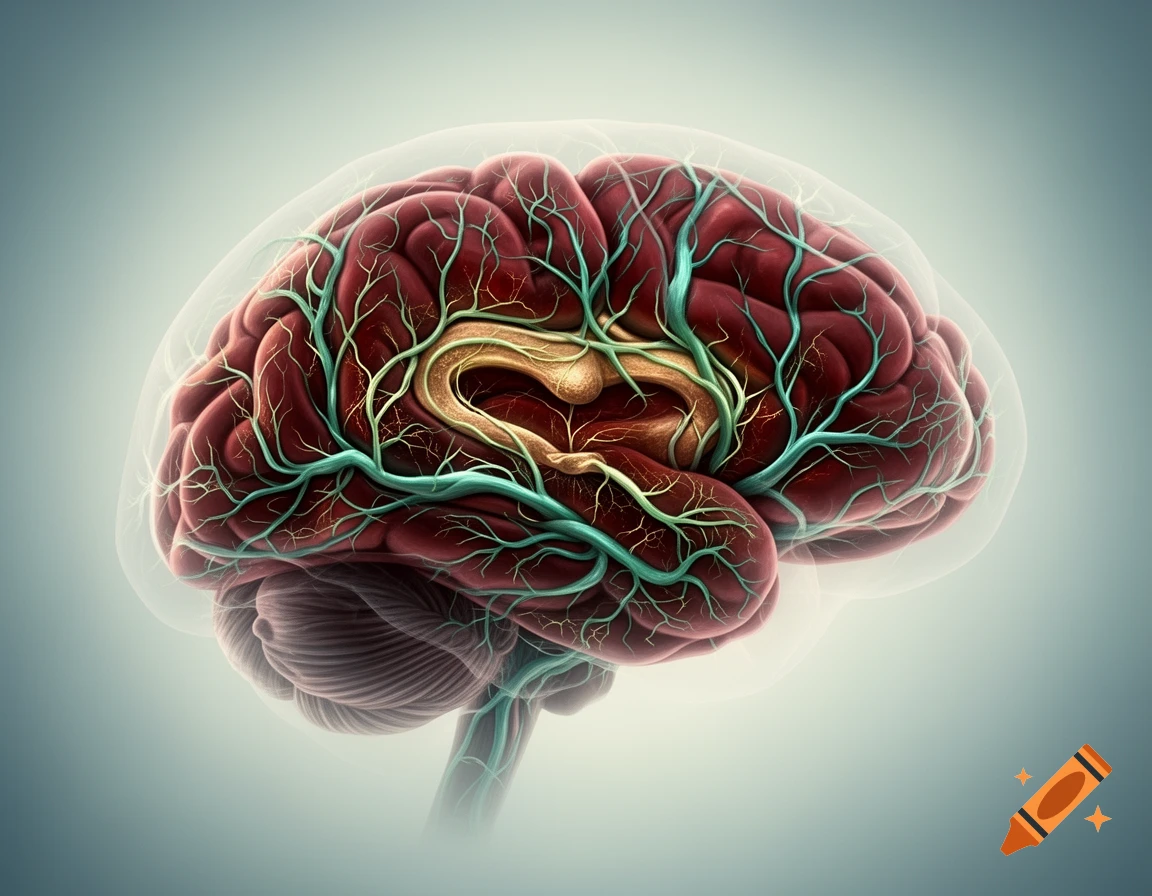 A detailed, stylized anatomical illustration of a human brain, featuring a deep red cortex, intricate teal and yellowish-green vascular networks, and a transparent outer layer, against a soft gradient background.
