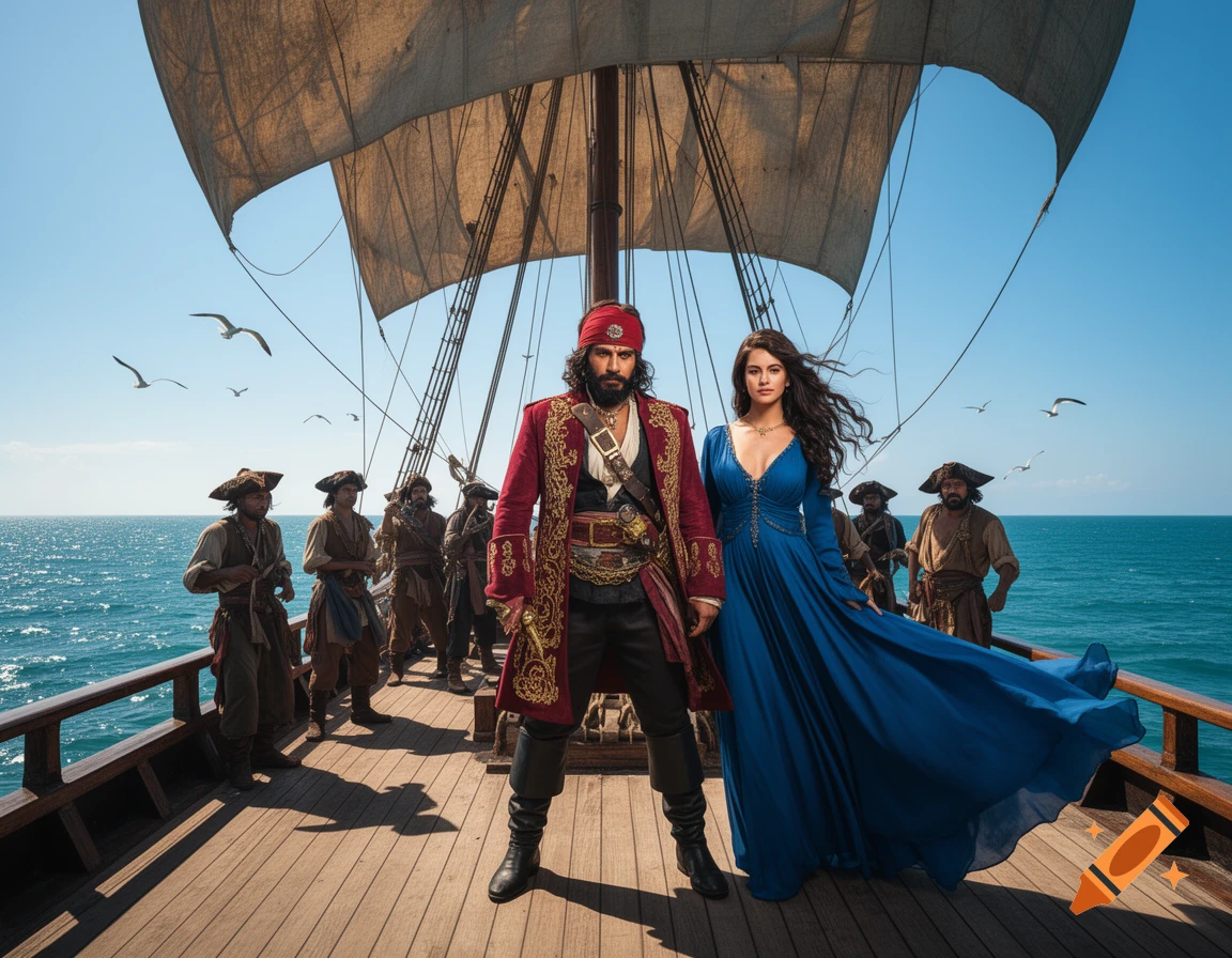 Photorealistic image of a man and woman in pirate attire on a wooden ship deck, surrounded by other pirates and the open sea.