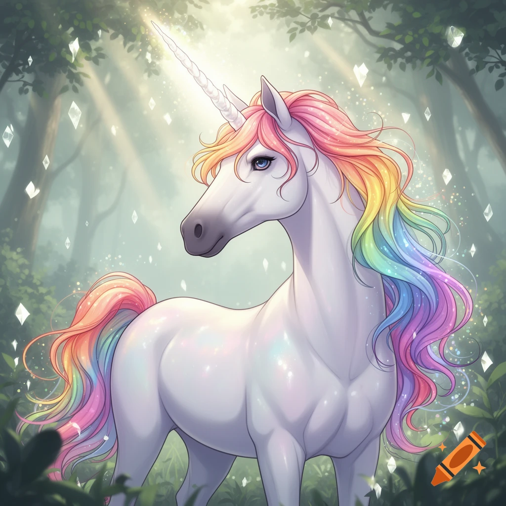 A white unicorn with a rainbow mane and tail stands in an enchanted forest with sparkling light and floating crystals, in an illustration.
