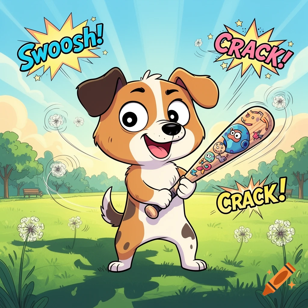 A happy cartoon dog smiles while swinging a baseball bat in a park, with "Swoosh!" and "Crack!" sound effects.