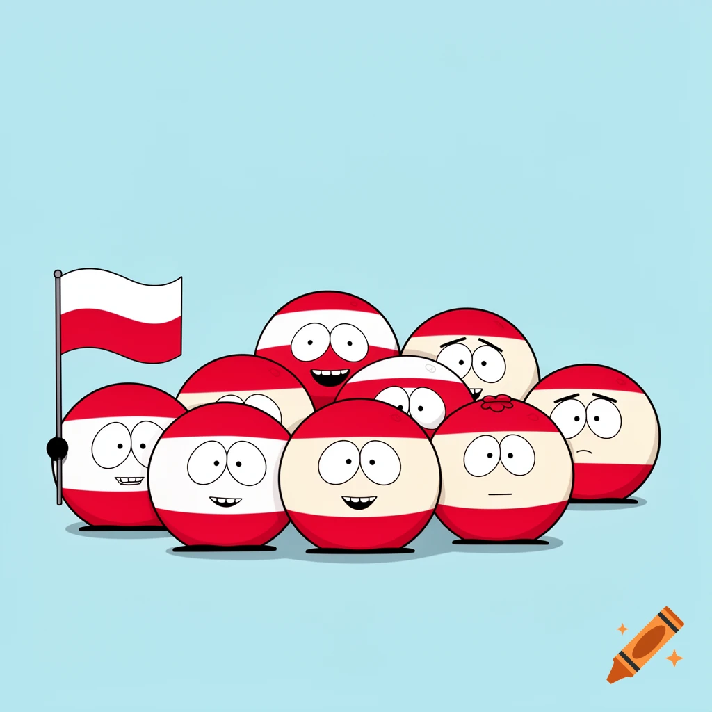 A group of countryball characters, mostly with red and white striped faces, surround a smaller countryball holding a Polish flag, all in a South Park style illustration.