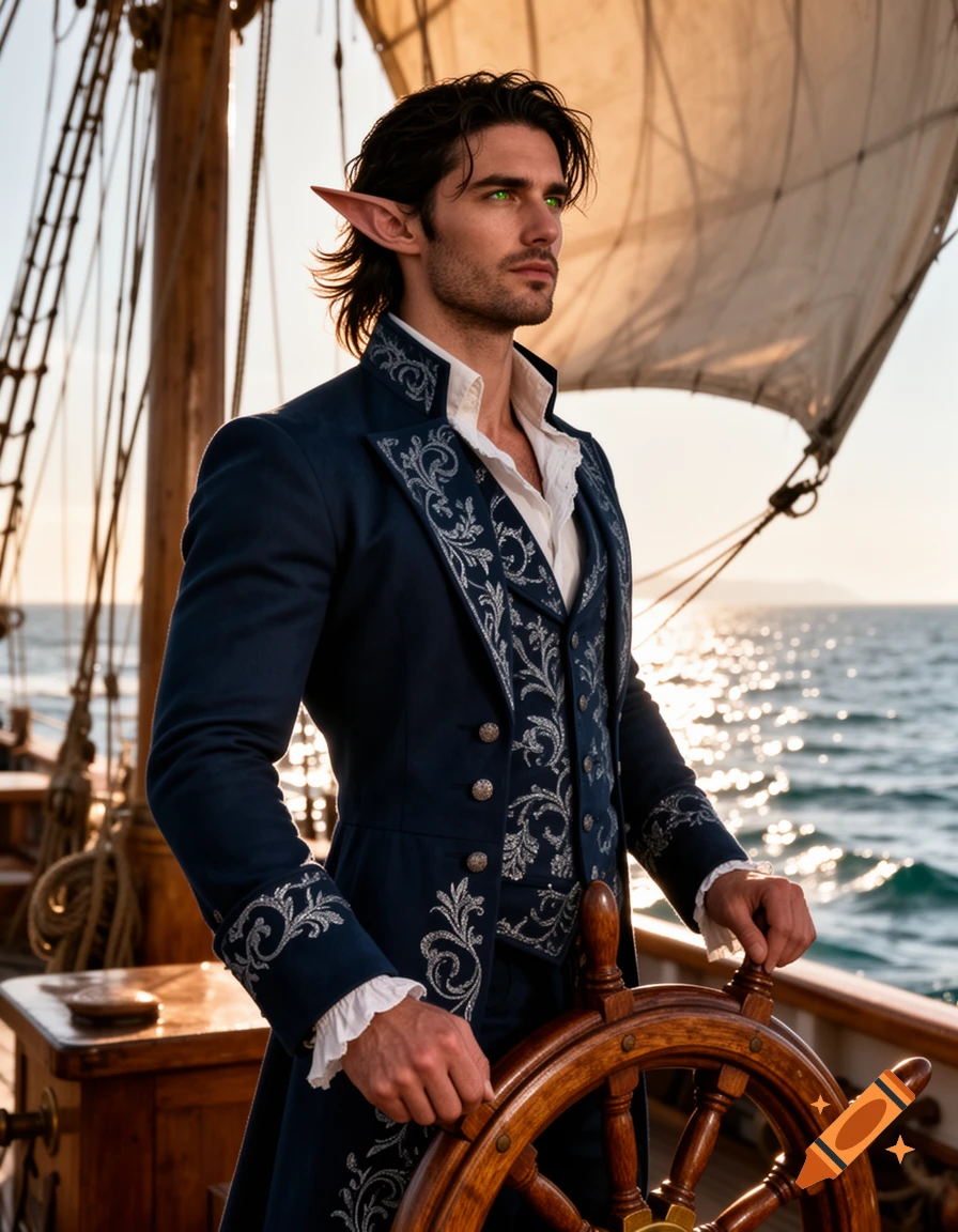 A handsome male elf pirate with green eyes and pointed ears, wearing a blue and silver ornate coat, stands at the helm of a sailing ship at sunset.