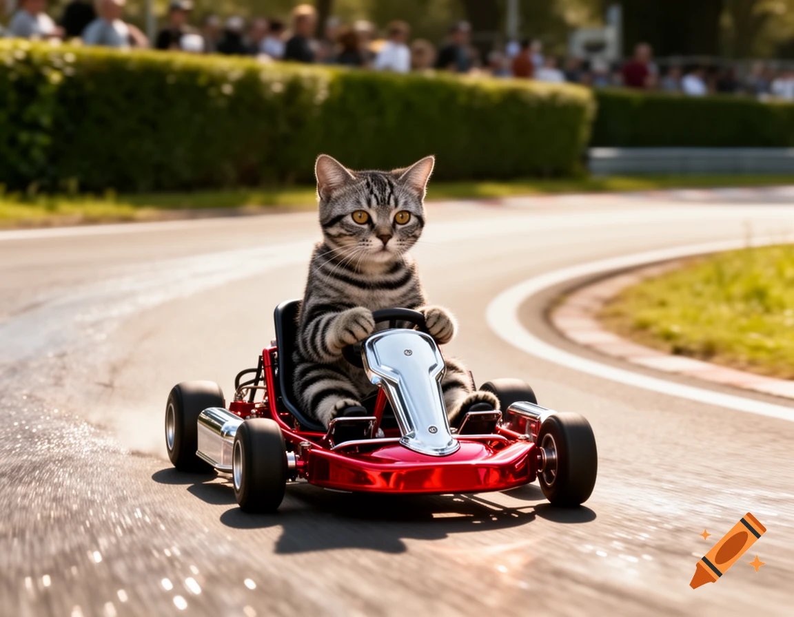 A photorealistic tabby cat drives a red go-kart quickly around a race track with motion blur.