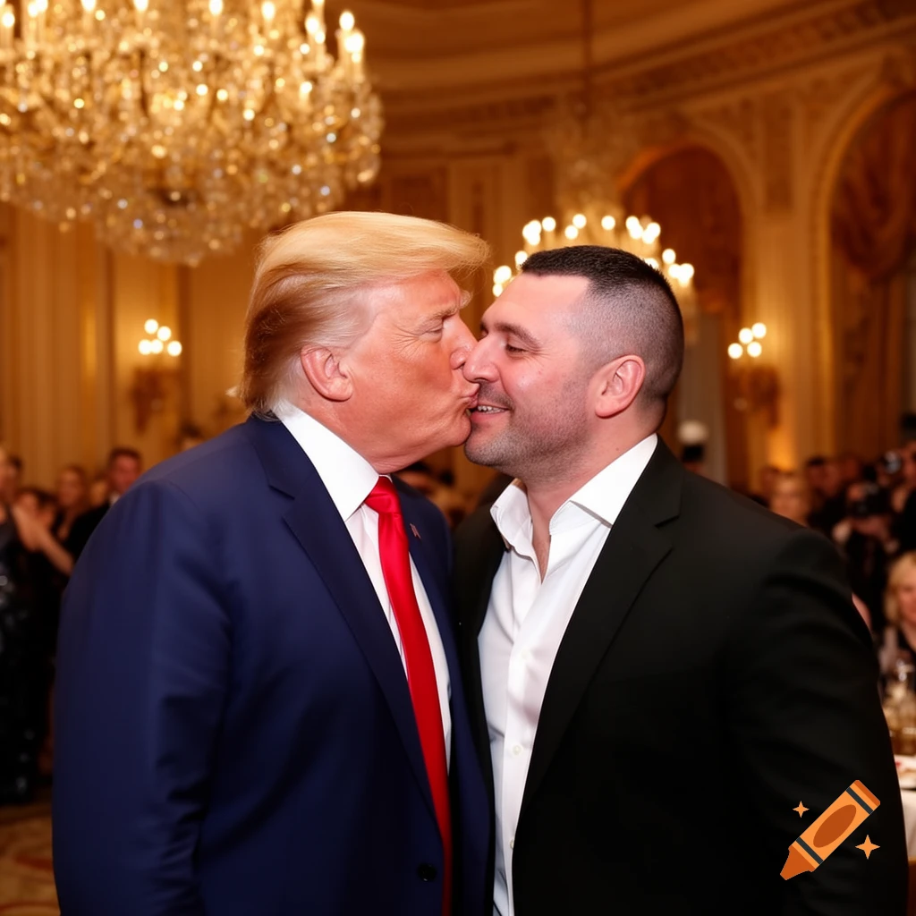 Donald Trump kisses Dana White on the cheek at a formal event with chandeliers in the background.