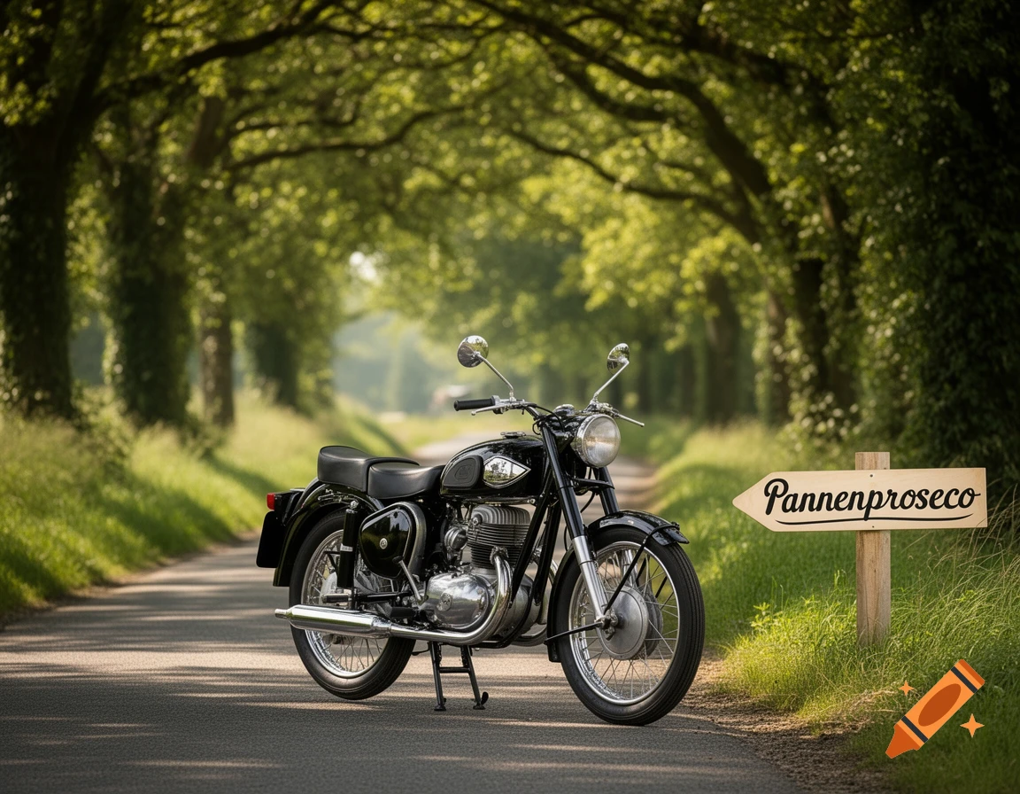 A classic black motorcycle parked on a shaded, tree-lined country road, with a wooden sign pointing right that reads 'Pannenproseco'.
