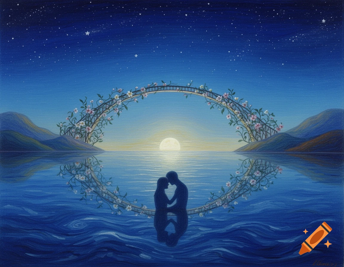 A painting of a couple silhouetted in a moonlit lake's reflection, framed by a floral arch under a starry night sky.