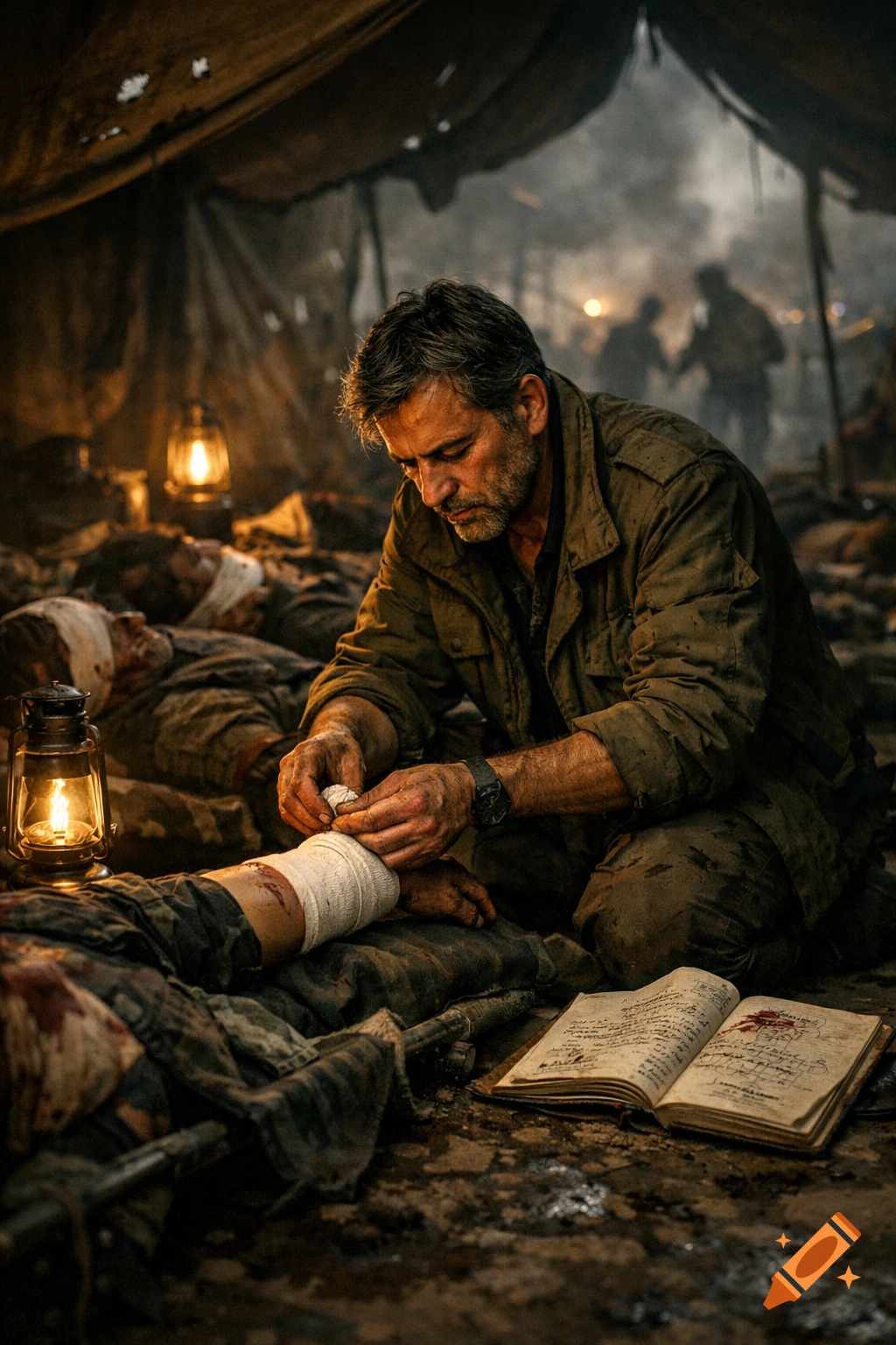 Photorealistic image of a man bandaging an injured soldier's leg inside a dim, smoky war tent, lit by lanterns.