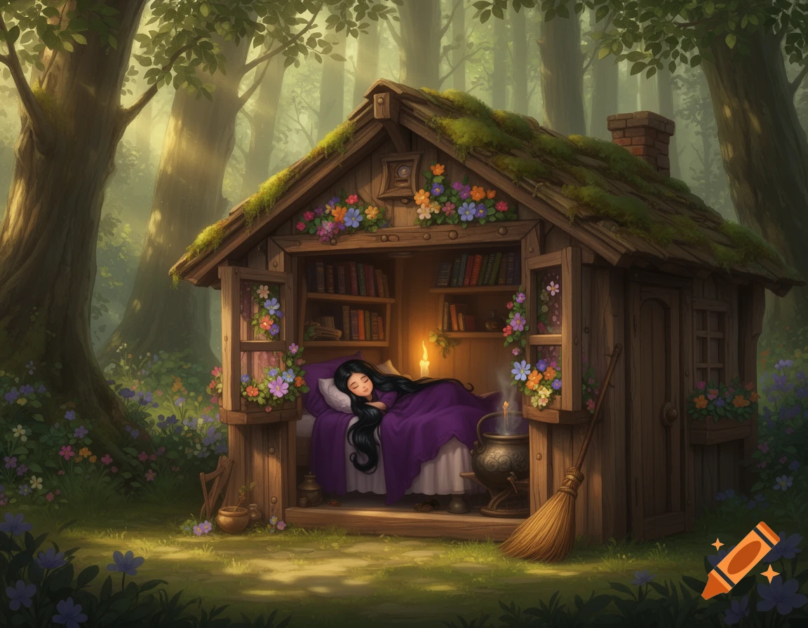 A pretty witch with long black hair sleeps soundly in a cozy, flower-adorned wooden cottage nestled in a magical forest.