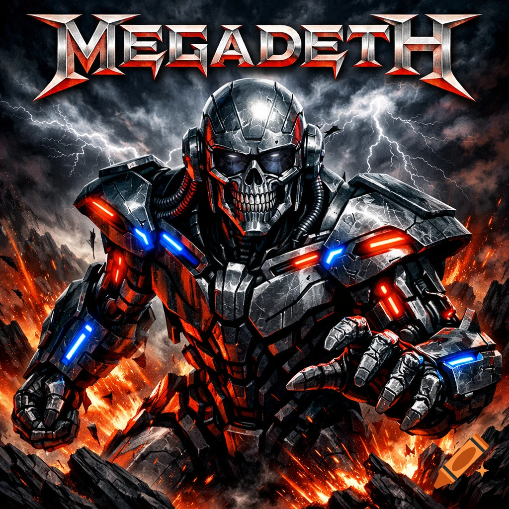 A menacing skeletal robot with glowing red and blue lights stands amidst fire and lightning, with the word "MEGADETH" above.