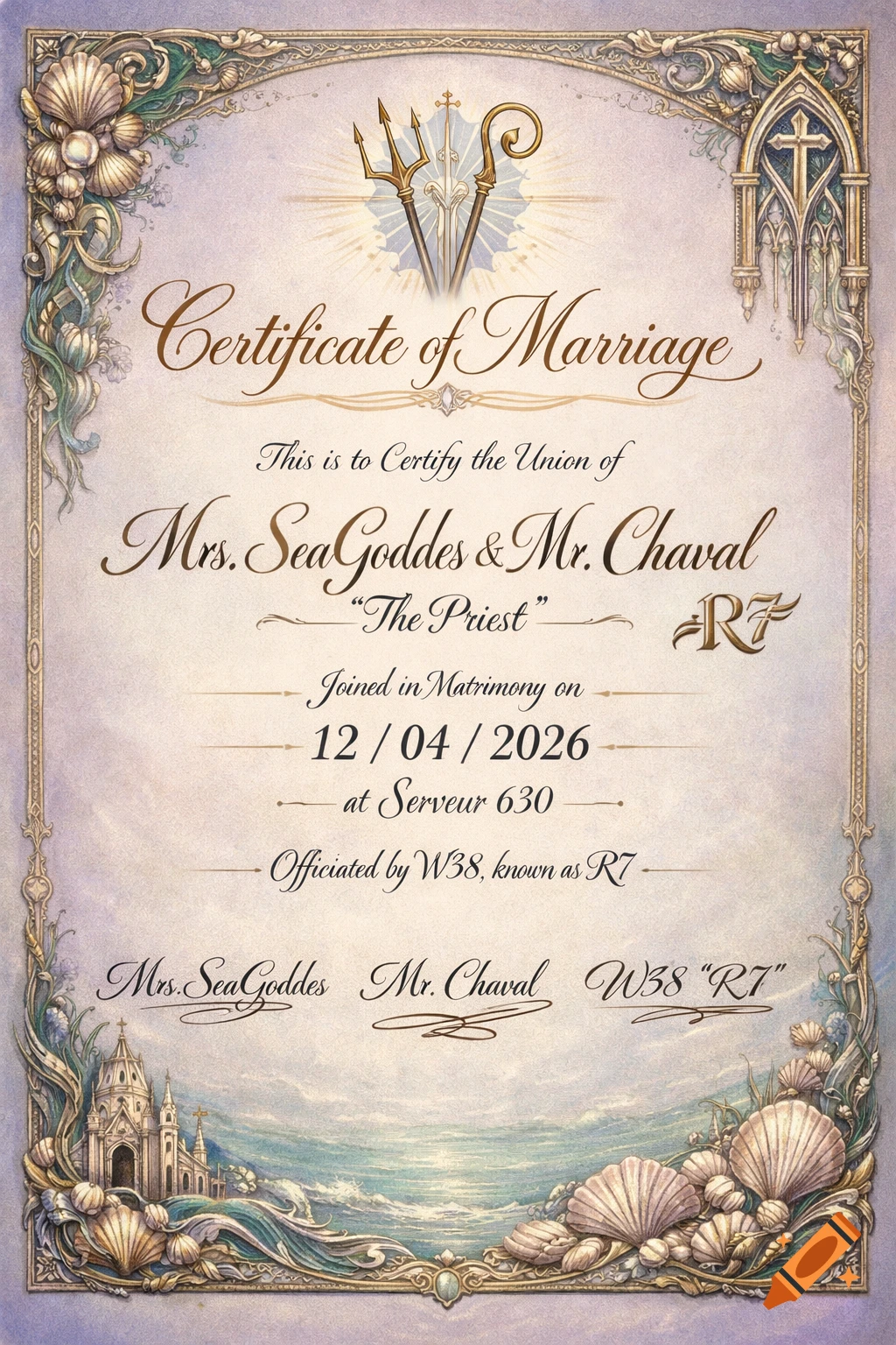 An ornate, sea-themed marriage certificate for Mrs. SeaGoddes and Mr. Chaval, with a trident, gothic arch, and seashells.