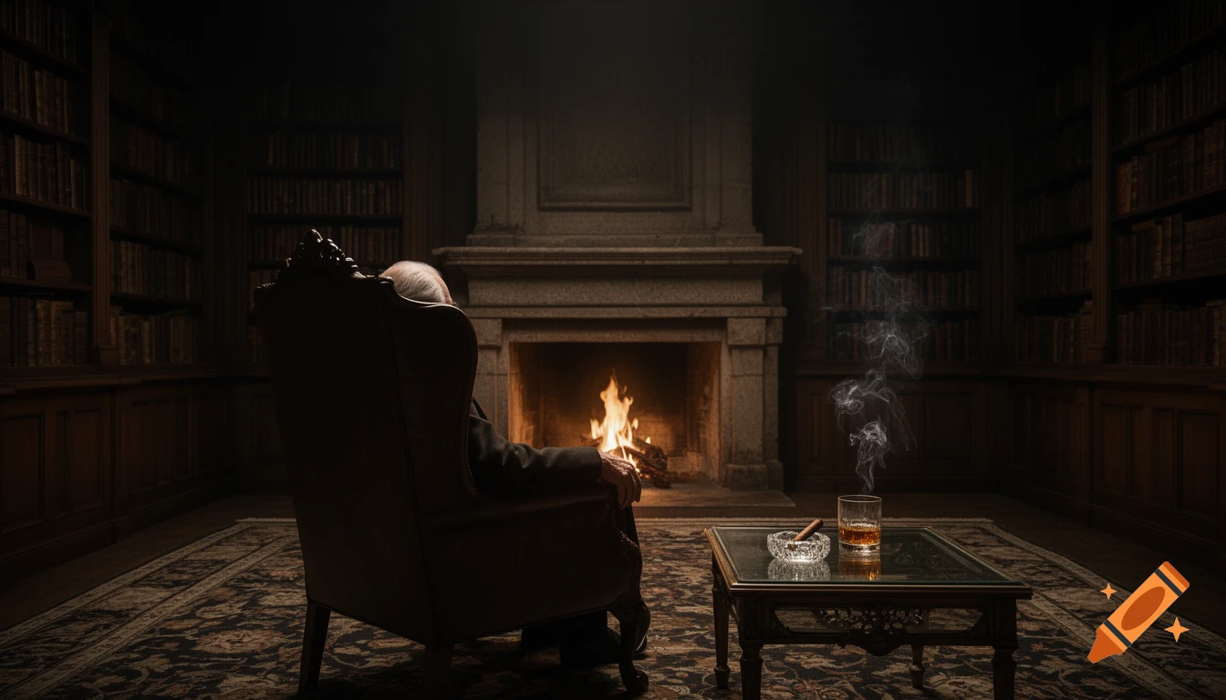 An old man in an armchair faces a fireplace in a dark, elegant library, with a whiskey and cigar on a table beside him.