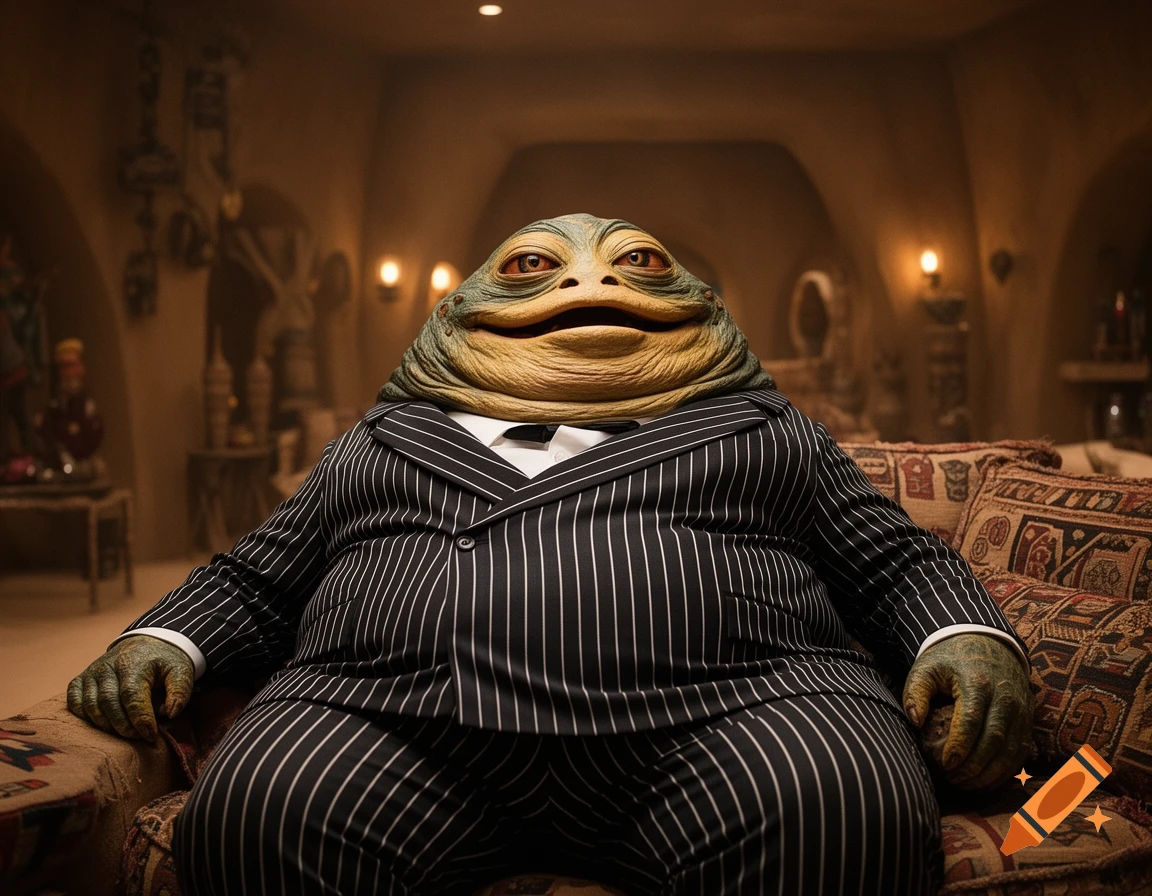 Photorealistic Jabba the Hutt sits on an ornate couch in a dimly lit room, wearing a black pinstripe suit and bow tie.