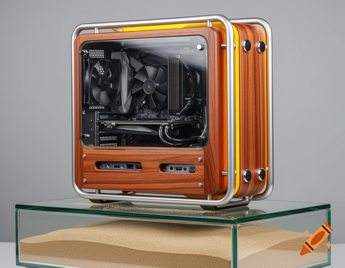A custom PC case featuring a wooden frame with metallic accents, a transparent side panel revealing internal components, and yellow detailing, set on a glass base with sand.