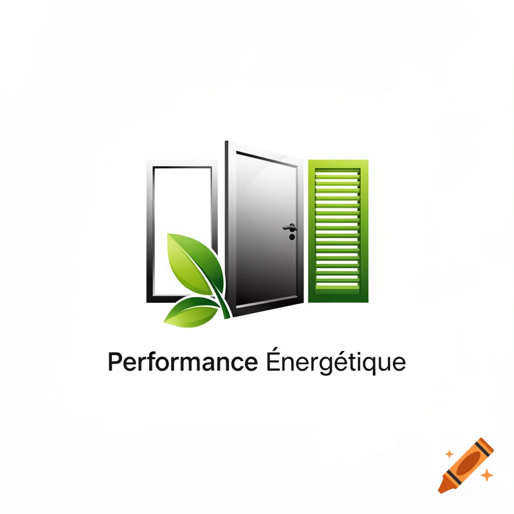 A logo with a gray open door, a white window, a green louvered shutter, and green leaves, above the French text 'Performance Énergétique'.